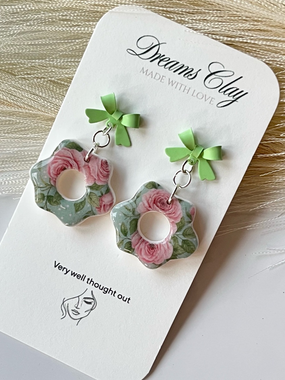 Green Floral Bow Drop Earrings